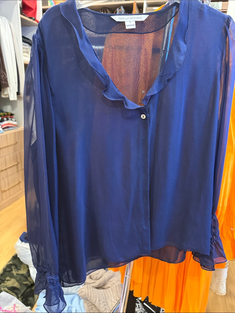 Diane von Furstenberg Navy Ruffle Silk Blouse